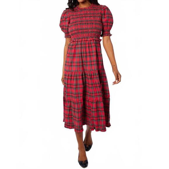 NEW SAIL TO SABLE puff sleeve smocked midi dress in red tartan plaid - Picture 1 of 3